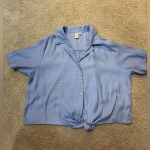 Joie Light Blue Short Sleeve Button-Front Tie Hem Top